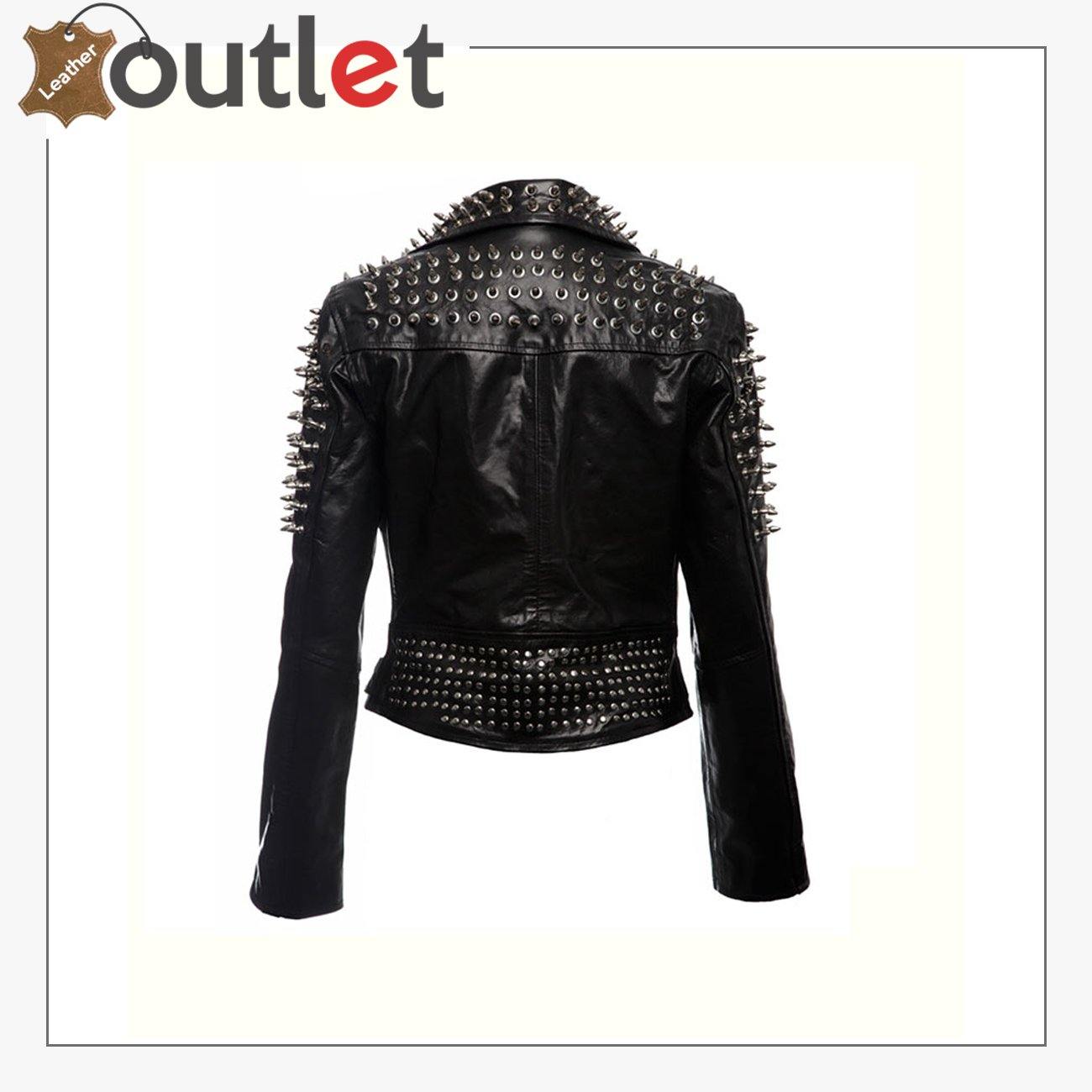Black Spikes Studded Punk Leather Jacket - Leather Outlet