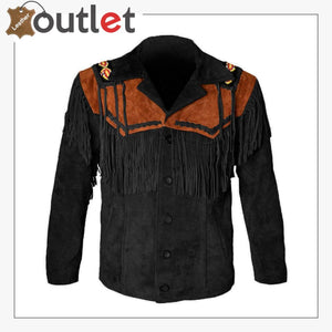 Black Western Cowboy Men's Brown Fringed Suede Leather Jacket - Leather Outlet