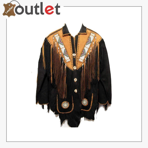 Black Western Mens Cowboy Long Fringed Suede Leather Jacket - Leather Outlet