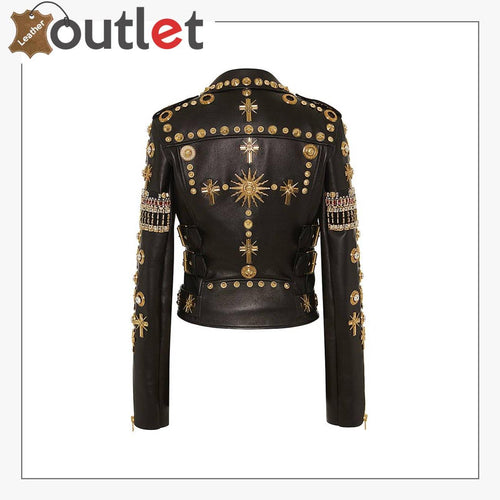 Gold thread embroidery and stud detail on black real leather jacket