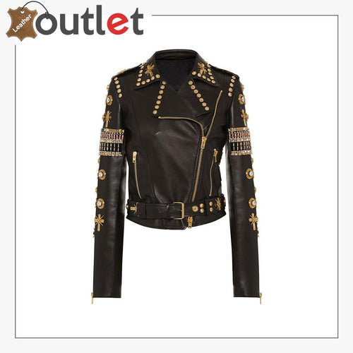 Black and golden embroidered studded leather jacket for women, front view