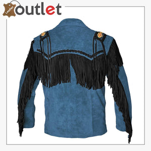 Blue Western Cowboy Men's Brown Fringed Suede Leather Jacket - Leather Outlet