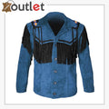 Blue Western Cowboy Men's Brown Fringed Suede Leather Jacket - Leather Outlet
