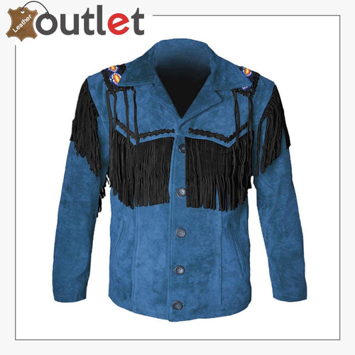 Blue Western Cowboy Men's Brown Fringed Suede Leather Jacket - Leather Outlet