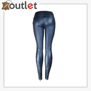 Blue Womens Real Leather Jeans Motorcycle Biker Pants