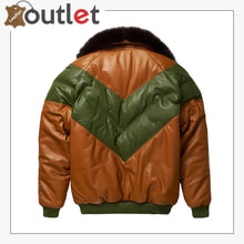 Load image into Gallery viewer, Brown-Green Leather Two Tone V Bomber Leather Jacket
