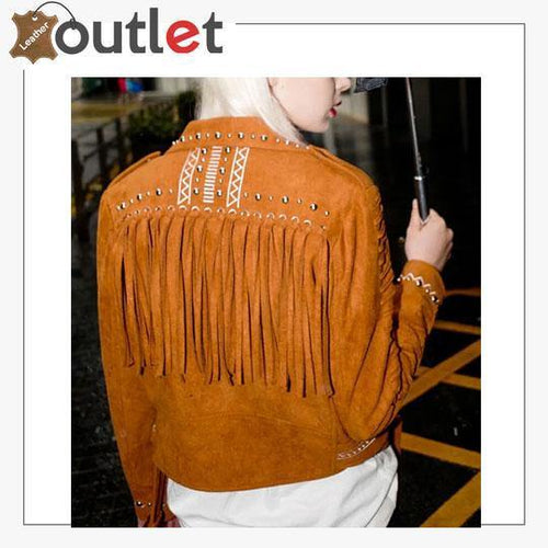 Camel Brown Fringed Leather Studded Biker Jacket - Leather Outlet