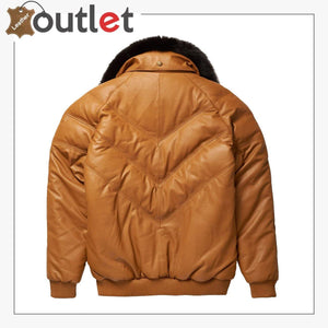 Camel Leather Mens Quality V Bomber jacket