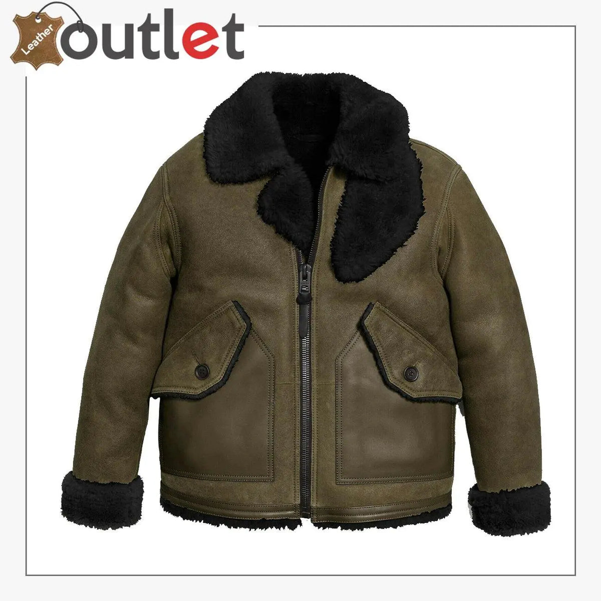 Shearling sheepskin leather bomber jacket in brown with cream wool storm collar, front view