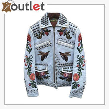 Load image into Gallery viewer, Embellished Studded Blue Padded Leather Jacket
