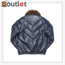 Load image into Gallery viewer, Fashion Quality Navy V Bomber Leather Jacket
