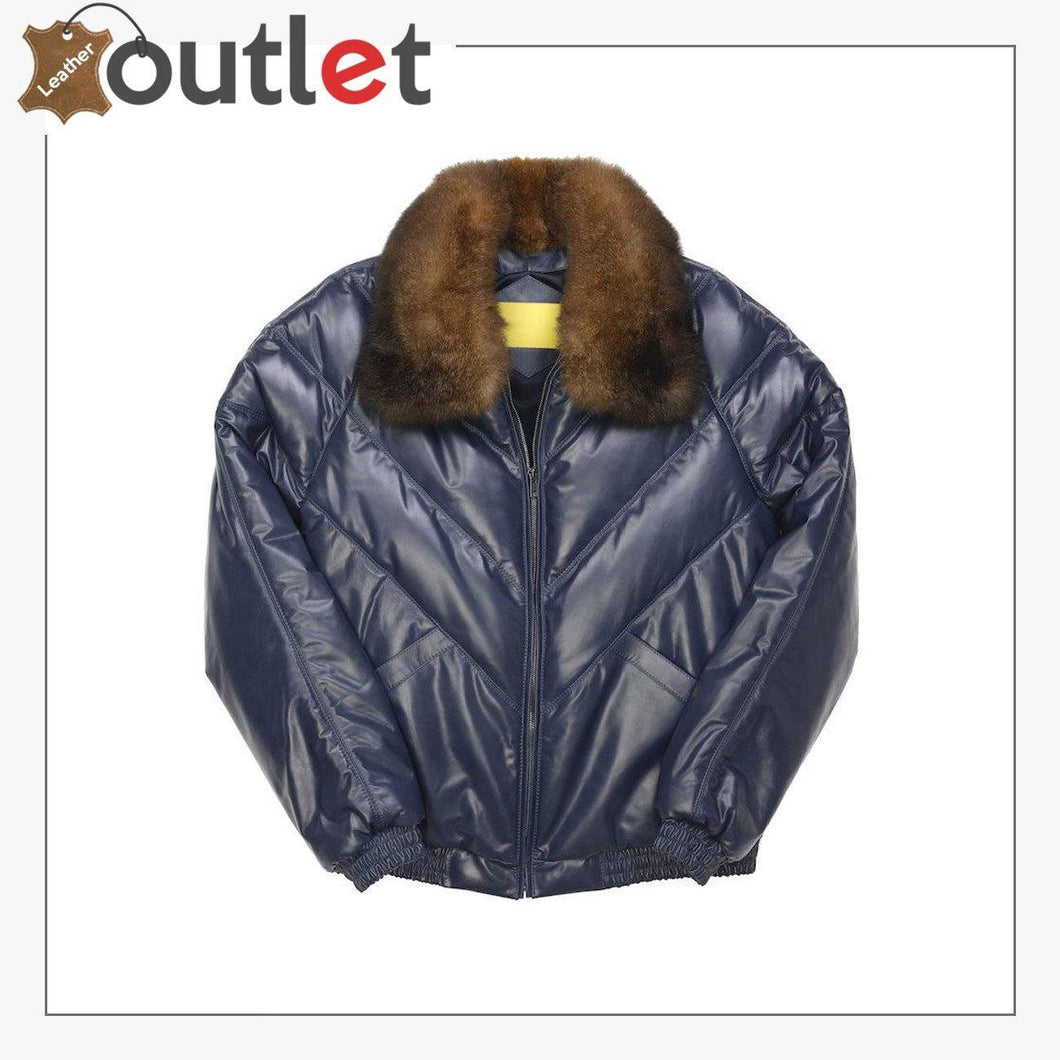 Fashion Quality Navy V Bomber Leather Jacket