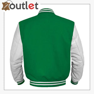 GREEN Wool & White Leather Varsity Jacket For Women