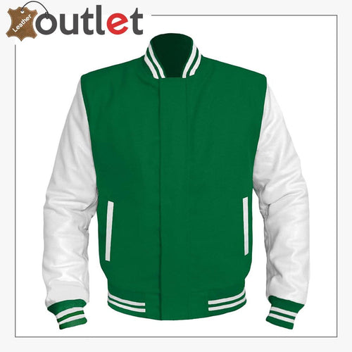 GREEN Wool & White Leather Varsity Jacket For Women