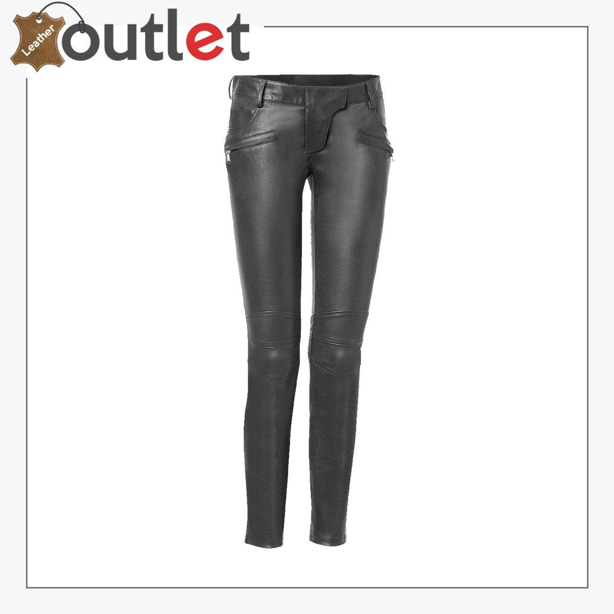 Womens skinny black lambskin leather pants, front view