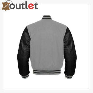 Gray Wool & Black Bomber Leather Varsity Jacket - Leather Outlet