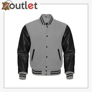 Gray Wool & Black Bomber Leather Varsity Jacket - Leather Outlet