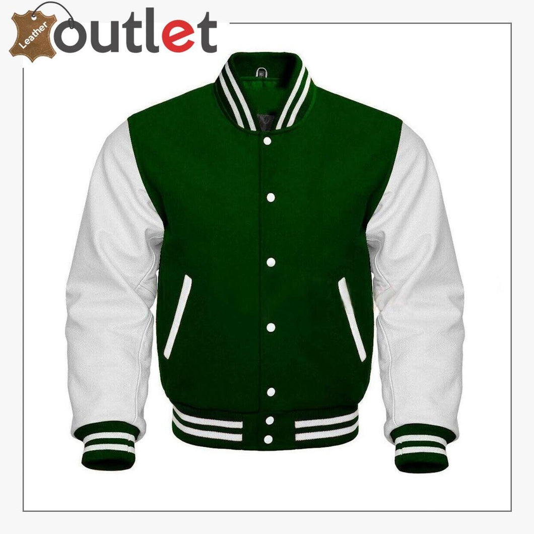 Green Letterman Wool & White Leather Varsity Jacket