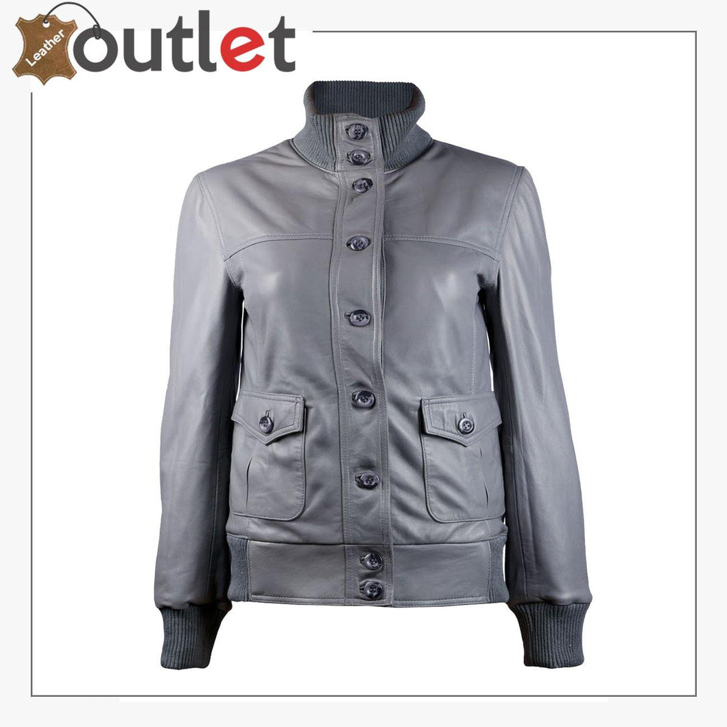 Gusty Grey Bomber Womens Leather Jacket - Leather Outlet