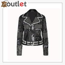 Load image into Gallery viewer, Handmade Women Philip Plein Black Fashion Studded Punk Style Leather Jacket
