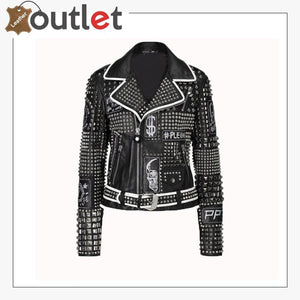 Handmade Women Philip Plein Black Fashion Studded Punk Style Leather Jacket