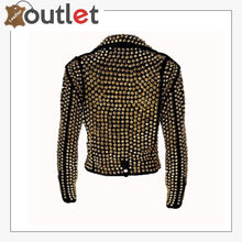 Load image into Gallery viewer, Handmade Women&#39;s Black Fashion Golden Studded Punk Style Leather Jacket

