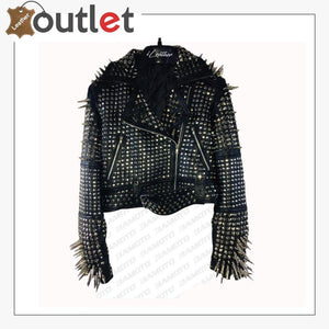 Handmade Women's Black Fashion Long Studded Punk Style Leather Jacket