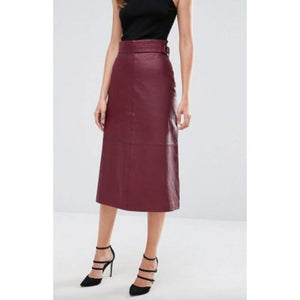 Ladies Burgundy Leather Straight Long Midi Skirt Outfit Leather Outlet