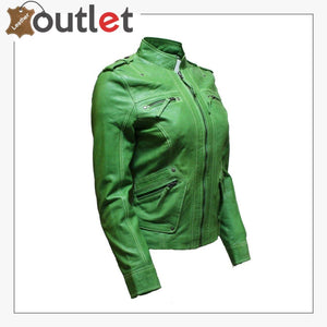 Ladies Classic Apple Green Nappa Leather Multi Pocket Fitted Rock Biker Jacket - Leather Outlet