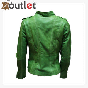 Ladies Classic Apple Green Nappa Leather Multi Pocket Fitted Rock Biker Jacket - Leather Outlet