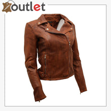 Load image into Gallery viewer, Ladies Coniac Tan Vintage Brando 100% Leather Biker Jacket - Leather Outlet
