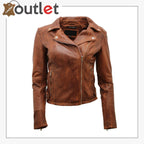 Ladies Coniac Tan Vintage Brando 100% Leather Biker Jacket - Leather Outlet