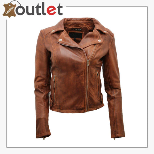Ladies Coniac Tan Vintage Brando 100% Leather Biker Jacket - Leather Outlet
