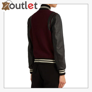 Ladies Maroon Wool-blend and leather teddy Varsity Jacket - Leather Outlet