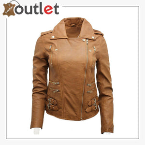 Ladies Tan Real 100% Lamb Nappa Leather Biker Jacket - Leather Outlet