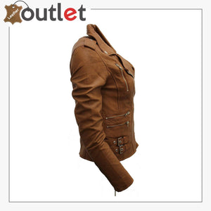 Ladies Tan Real 100% Lamb Nappa Leather Biker Jacket - Leather Outlet