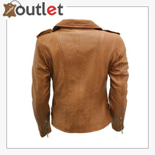 Load image into Gallery viewer, Ladies Tan Real 100% Lamb Nappa Leather Biker Jacket - Leather Outlet
