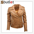 Ladies Tan Real 100% Lamb Nappa Leather Biker Jacket - Leather Outlet
