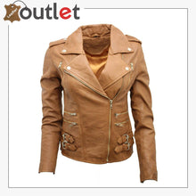 Load image into Gallery viewer, Ladies Tan Real 100% Lamb Nappa Leather Biker Jacket - Leather Outlet
