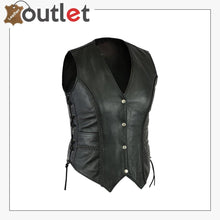 Load image into Gallery viewer, Ladies real leather laced up Motorcycle Style Biker Waistcoat Women&#39;s Gillette vest
