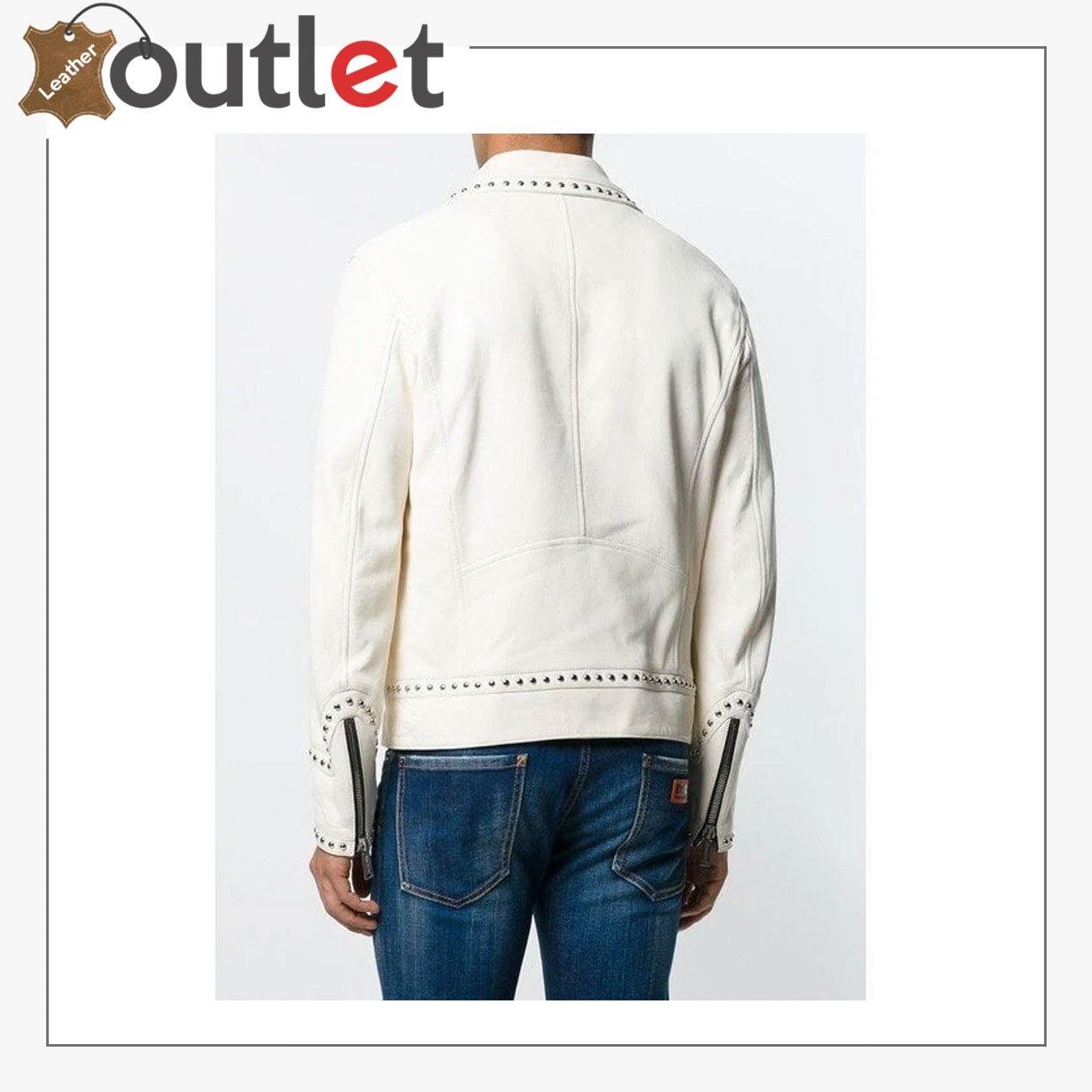 Men White Studded Leather Jacket, Motorcycle Fashion Leather Jackets