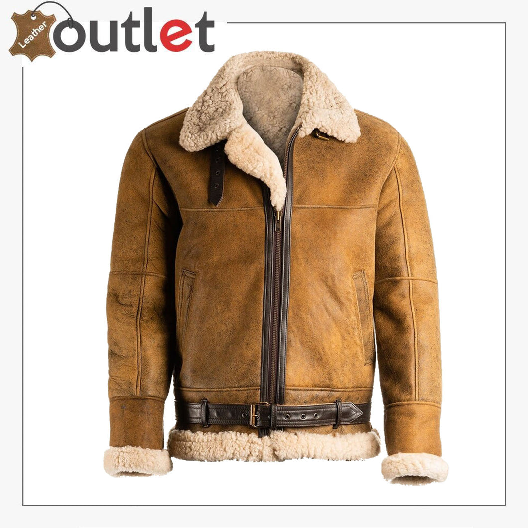 Men Aviator RAF B3 Bomber Shearling Fur Genuine Leather Jacket B3 Leather Bomber Jackets