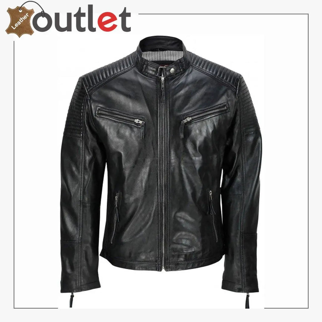 Men's Black Vintage Biker Style Waxed Sheep Skin Fashion Jacket - Leather Outlet