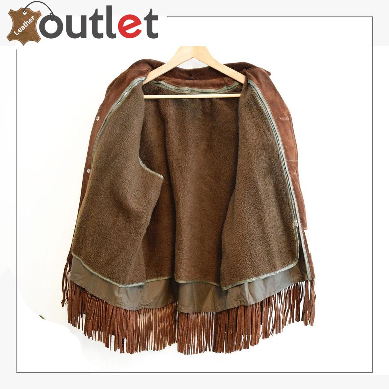 Men's Fringe Leather Jacket Chocolate Brown Suede Removable Vest - Leather Outlet