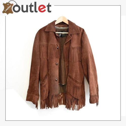 Men's Fringe Leather Jacket Chocolate Brown Suede Removable Vest - Leather Outlet