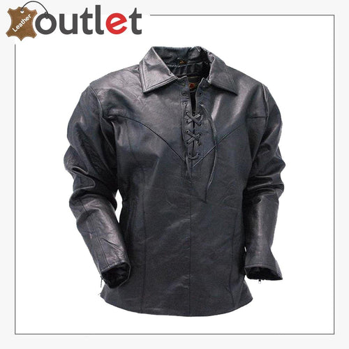 Handmade Men's Black Leather Lace Up Pull Over Leather Shirt