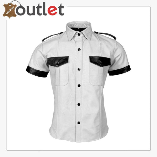 Men's Genuine Leather White Shirt Police Style