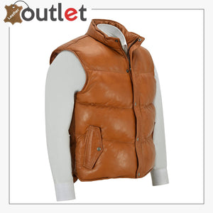 Men's Puffer Leather Brown Waistcoat Padded Lambskin Leather Casual Vest Leather Outlet