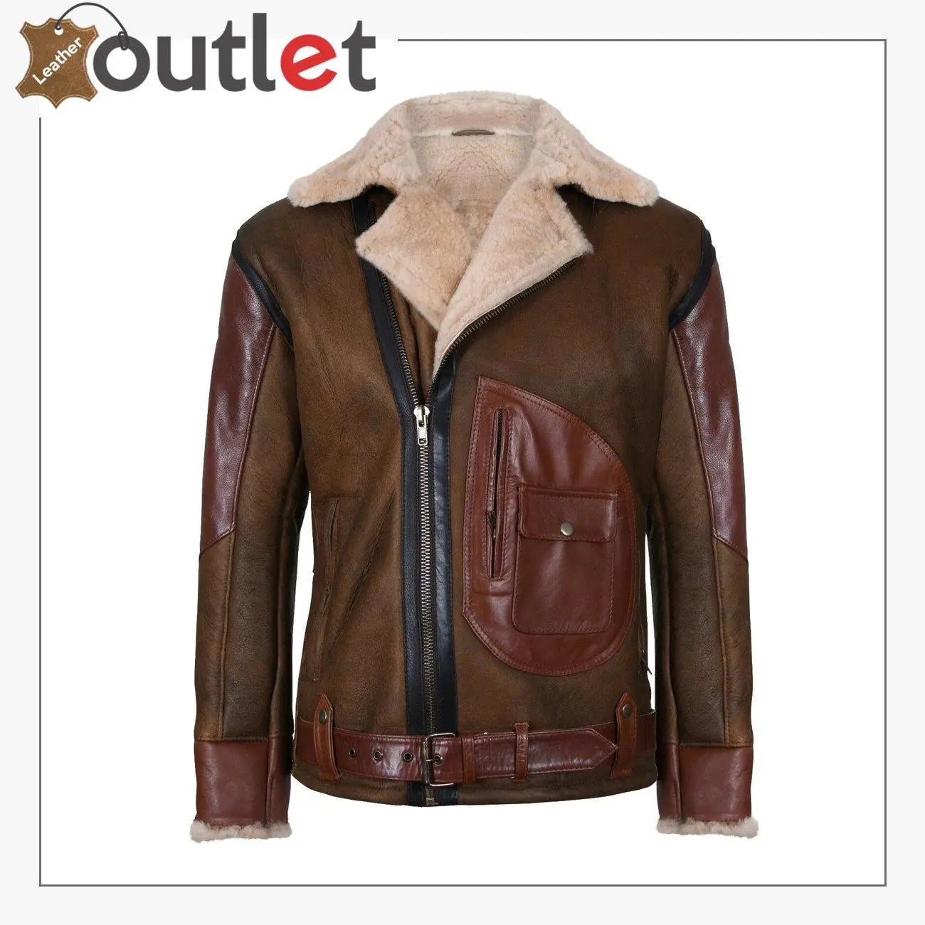 Mens Brown Crossover B3 Sheepskin Aviator Flying Leather Biker Jacket - Leather Outlet