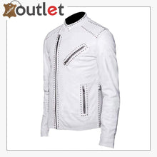 Load image into Gallery viewer, Mens Classic Brando Motorcycle Silver Studded White Geniune Leather Jacket
